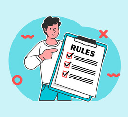 A man carrying a board of rules