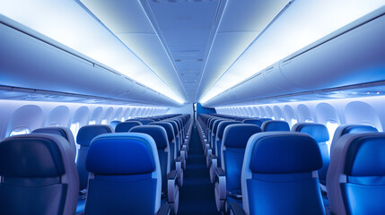 Empty passenger seats inside a modern airplane, reflecting the comfort and spaciousness of air travel