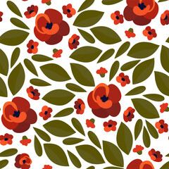 Seamless pattern with dark red flowers and green leaves on a white background. A simple composition with artistic flowers. Floral print, romantic, bright, botanical background with isolated flowers