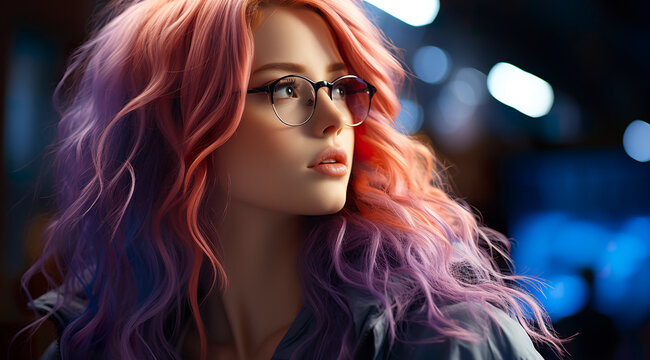 Sensual woman with pink hair and blue eyes with a striking appearance. Attractive woman with glasses and intellectual flair with unique charm in dramatic lighting.