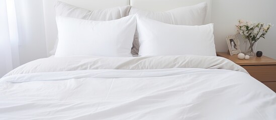 White pillows and a white quilt on a bed in a bedroom.