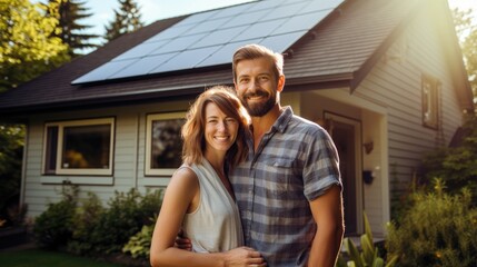 Happy couple standying near their house with solar panels. Alternative energy, saving resources and sustainable lifestyle concept. Generative AI