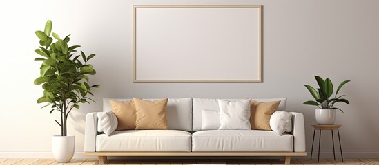  mockup frame on wall with sofa and houseplant, lit by sunlight from window, rendered.
