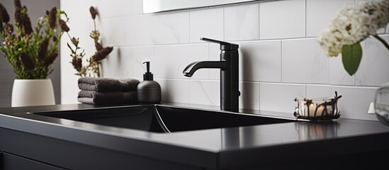 Bathroom close-up: mirror, black faucet, dark towels