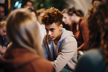 Teenage boy consoling female friend while in support group circle, Multiracial teenagers sitting consoling in group therapy