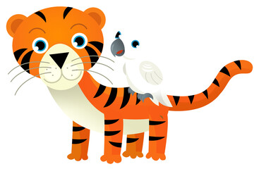 cartoon scene with happy tropical cat tiger and other animal on white background illustration for children