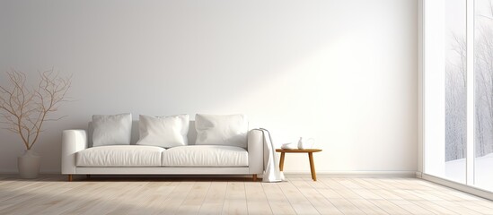 Simplistic white living room with sofa, wall decor, window view, and Nordic interior.