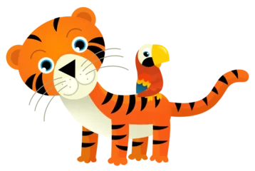 Wandaufkleber cartoon scene with happy tropical cat tiger and other animal on white background illustration for children © honeyflavour