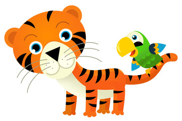 cartoon scene with happy tropical cat tiger and other animal on white background illustration for children
