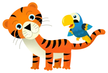 Schilderijen op glas cartoon scene with happy tropical cat tiger and other animal on white background illustration for children © honeyflavour