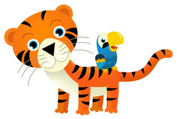 cartoon scene with happy tropical cat tiger and other animal on white background illustration for children