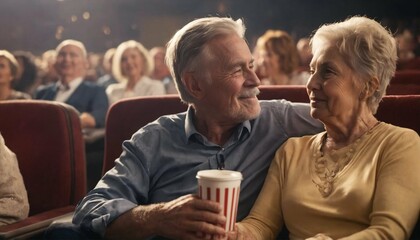 Embraced senior couple enjoying a movie in a theatre
