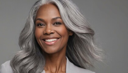 Gorgeous mature woman with long gray hair and smooth healthy skin smiling happily in beauty and cosmetics skincare advertising concept