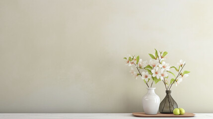 Boho Style Decor - Table against a blank wall, Flowers in a vase, Rustic wooden table