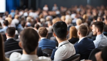 Audience in conference hall from behind, viewing speaker on stage at a business and entrepreneurship symposium