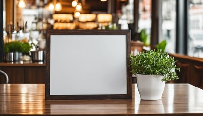 Naklejka na ściany i meble Marketing, design, and advertising mockup in cafe, blank white empty menu sign poster display paper on countertop