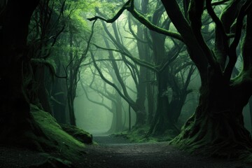 Misty spooky forest background, gloomy trees in scary horror foggy woods Happy Halloween dark night creepy nature mist fantasy atmosphere mystery dramatic landscape fall nightmare scenery. Copy space