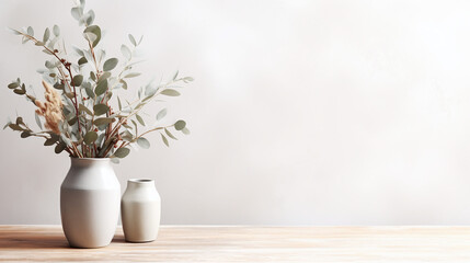 Fototapeta na wymiar Boho Style Decor - Table against a blank wall, Eucalyptus in a vase, Rustic wooden table