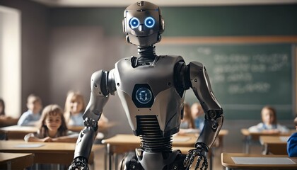 Pupils learning about science and artificial intelligence technology from humanoid education robot teacher in front of a school classroom chalkboard