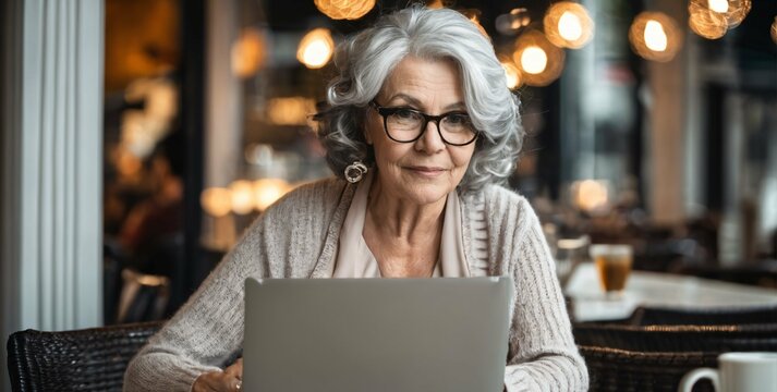 Senior adult woman in glasses using laptop, older woman in her 50s with grey hair working on laptop computer in cafe at table