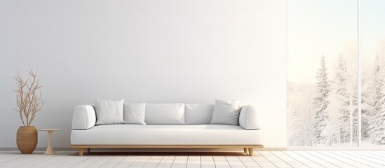 Sofa in empty minimalist room with white decor on large wall and windows with white landscape. Background for home nordic interior. illustration.