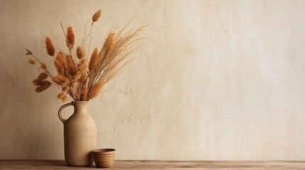 Boho Style Decor - Table against a blank wall, Dried Flowers in a vase, Rustic wooden table