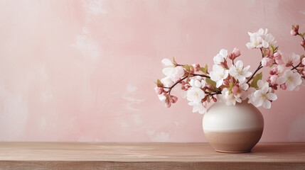 Boho Style Decor - Table against a blank wall, Apple Blossoms in a vase, Rustic wooden table