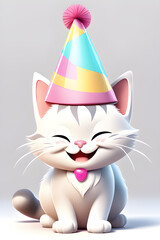 3D illustration of an adorable white and gray kitten, he is smiling and is wearing a colorful birthday hat. Grey background.