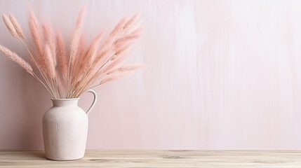 Boho Style Decor - Table against a blank wall, Pampas Grass in a vase, Rustic wooden table