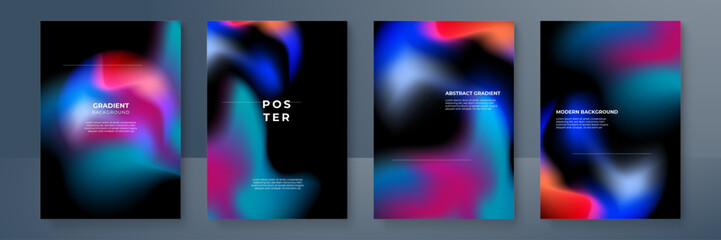 Gradient poster collection with abstract colorful gradient sphere. Glowing vibrant gradient shape on dark background. Design template for flyer, social media, banner, placard. Vector illustration