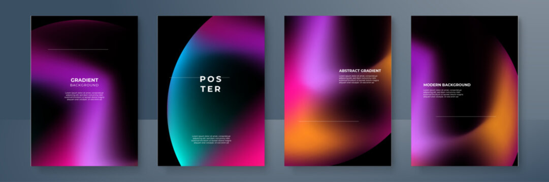 Gradient poster collection with abstract colorful gradient sphere. Glowing vibrant gradient shape on dark background. Design template for flyer, social media, banner, placard. Vector illustration