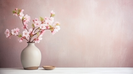 Boho Style Decor - Table against a blank wall, Apple Blossoms in a vase, Rustic wooden table