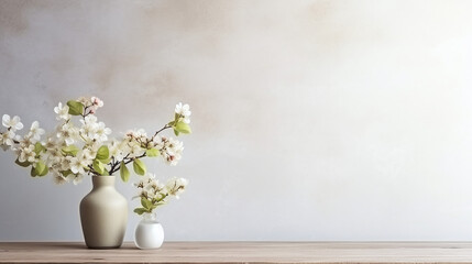 Boho Style Decor - Table against a blank wall, Flowers in a vase, Rustic wooden table