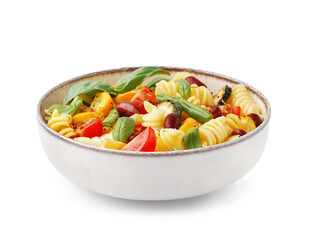 Bowl of tasty pasta salad with tomatoes and basil on white background