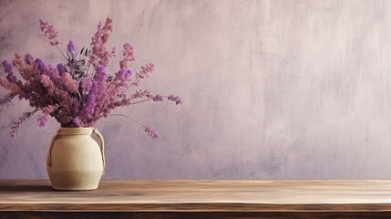 Fototapeta na wymiar Boho Style Decor - Table against a blank purple wall, Flowers in a vase, Rustic wooden table