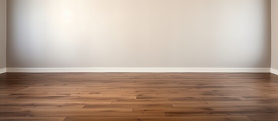 Dark wooden floating laminate flooring in an empty room in a newly painted house. Wide bedroom or living room space of a recently renovated apartment or house managed by a real estate company.