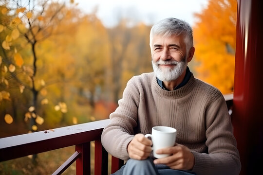 A mature man with a cup of coffee sitting on the balcony against nature in autumn season