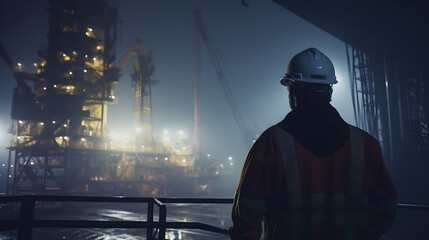 Back view of oil drill platform project manager working at project petrochemical site at night shift