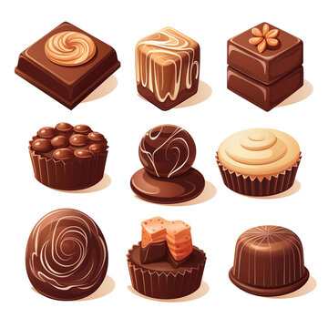 Chocolate candies set, different types of bonbons. Chocolate candies. Illustration of candies on a white background in cartoon style.