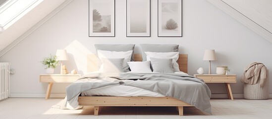 Attic bedroom with modern design. White and grey decor. Double bed, wooden furniture, and picture on the wall. Light Scandinavian style indoors.