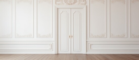 Retro-style white wooden door with ornate handles in empty apartment.