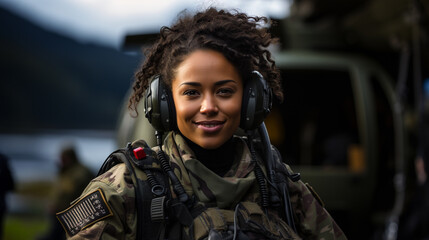 Fototapeta premium Female African American military helicopter pilot standing near her aircraft - generative AI.