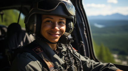 Female African American military helicopter pilot in the cockpit - generative AI. - obrazy, fototapety, plakaty