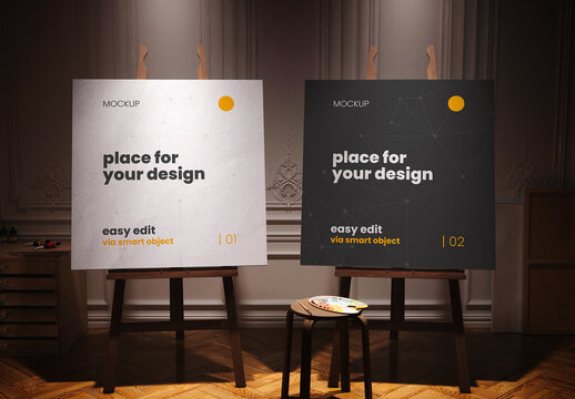 Atelier Painter Stand Squares Canvas Spotlight Mockup