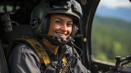 Fototapeta na wymiar Female African American military helicopter pilot in the cockpit - generative AI.
