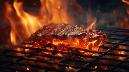Fiery Grill: Intense Flames Embrace Deliciously Charred Barbecue Cookout