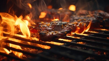 Fiery Grill: Intense Flames Embrace Deliciously Charred Barbecue Cookout