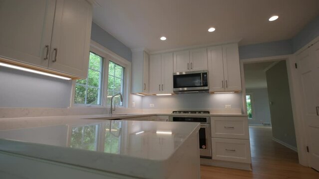 Elements of Modern new Kitchen Interior Design in a newly renovated house, move wide camera footage