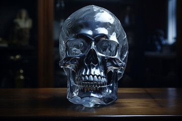 Crystal skull on a wooden table. Generative AI.