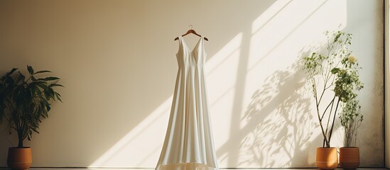 Gorgeous white wedding gown on wooden hanger in room.